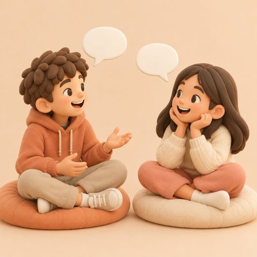 마주 앉아 이야기하는 두 아이 일러스트