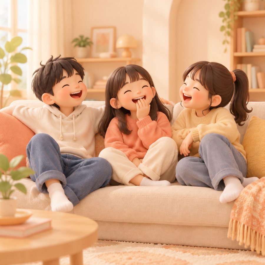 소파에 앉아 함께 크게 웃는 아이들 일러스트